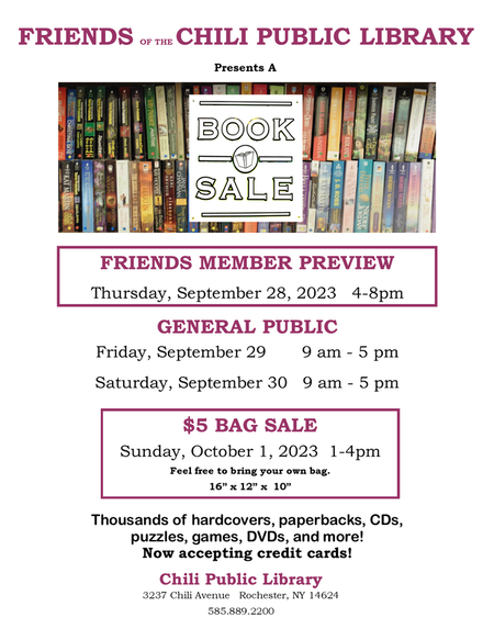 Fall book sale save the date. Member Preview: Thursday, November 17 4 PM to 8 PM. General Public Friday, November 18 9 AM to 5 PM. Saturday November 19 9 AM to 5 PM. $5 Bag Sale Sunday November 20 1 PM to 4 PM.